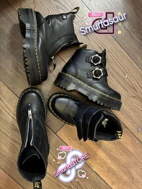 Dr. Martens Platform Black Leather Chunky ankle zipup AND/OR flower buckle boots